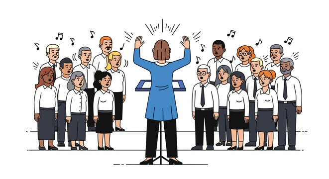 Diverse mixed choir with female conductor leading a musical performance with raised arms.