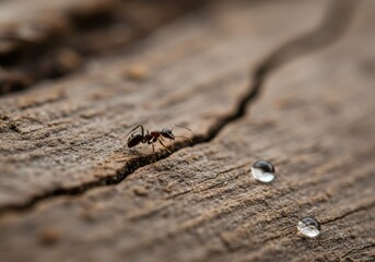 Macro Photography of Ant on Wood with Water Droplets