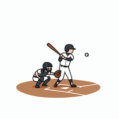 Dynamic cartoon illustration of a baseball game in action, featuring a batter swinging at a pitch and a catcher at home plate.