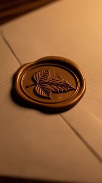 Elegant Golden Wax Seal with Leaf Design on Cream Envelope with Warm Lighting for Invitation or Correspondence