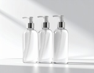 Three Clear Cosmetic Bottles With Pumps On White Surface Under Subtle Light