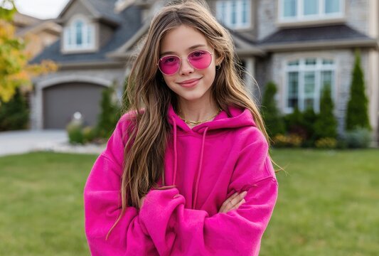 A happy, smiling teenage girl with long brown hair and pink sunglasses standing in front of green grass, wearing an oversized hot-pink hoodie