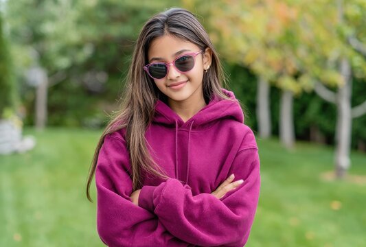 A happy, smiling teenage girl with long brown hair and pink sunglasses standing in front of green grass, wearing an oversized hot-pink hoodie