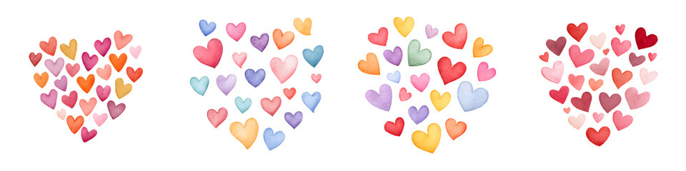 Heart Shapes Made of Small Hearts, Watercolor Effect in Various Colors, Isolated on White