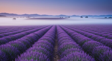 Fototapeta premium Lavender Field at Sunrise Misty Morning in Provence