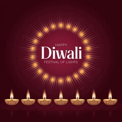 Illuminated oil lamps for Diwali with radiant golden glitter circle frame on dark backdrop, elegant Indian festival greeting design for seasonal celebration, holiday cards, and cultural invitations