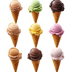 白い背景にワッフルコーンに乗った9つのアイスクリームのスクープの選択肢
