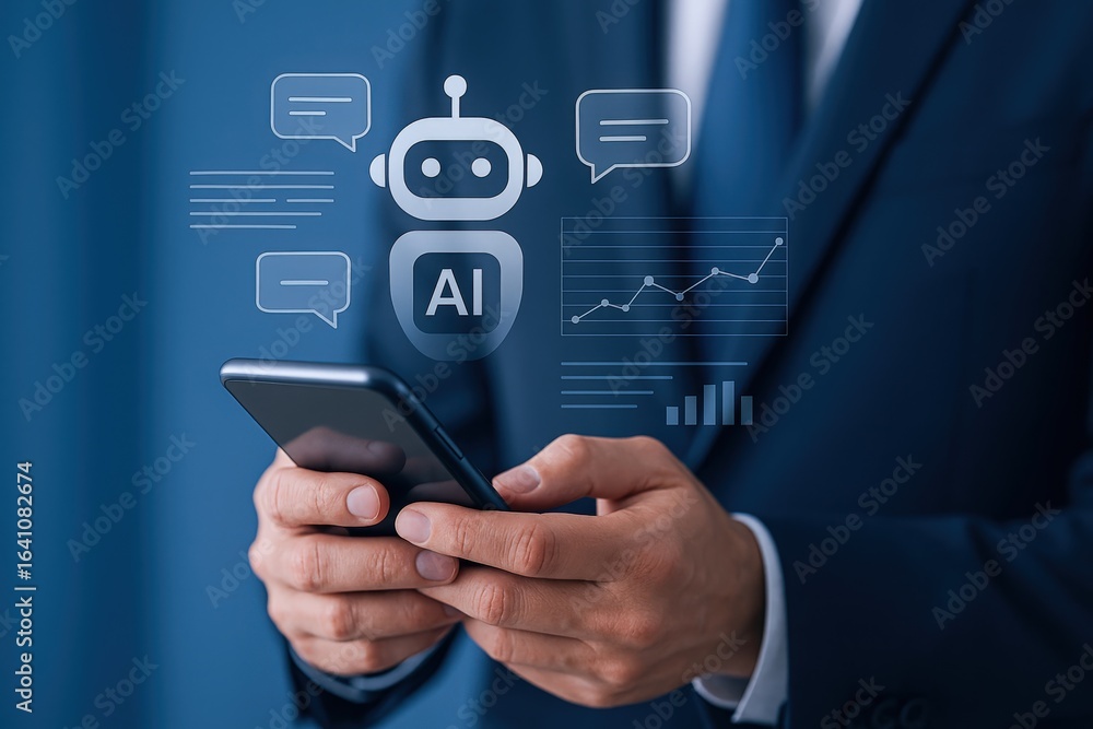 Poster artificial intelligence chatbot concept: businessman using mobile phone with ai chat interface for b