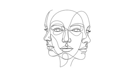 A minimalist continuous one-line drawing of three overlapping female faces.