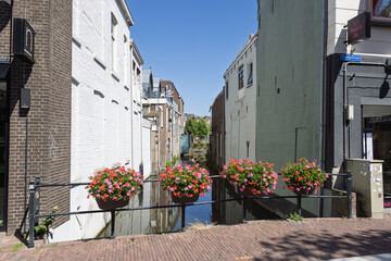Naklejka premium A charming canal view framed by historic buildings, with vibrant flower baskets adorning the railing of a bridge over the tranquil water. Gouda, Netherlands, 29 June 2025.