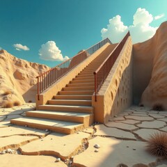 Ancient stone staircase leading up a desert landscape under a bright blue sky with fluffy clouds