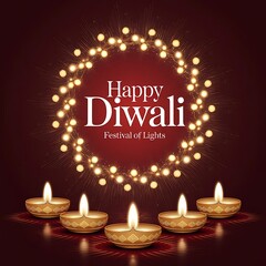 Festival of lights Diwali with radiant oil lamps, golden bokeh circle and maroon backdrop, traditional Indian celebration background for holiday cards, banners, posters and festive graphic designs