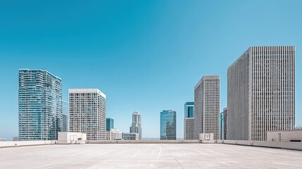 Modern Cityscape View of Downtown Buildings Against a Clear Blue Sky on a Sunny Day