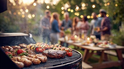 Backyard barbecue party with friends grilling meat and vegetables at sunset, celebrating summer holidays outdoors