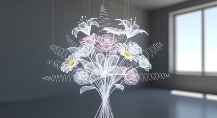 An ethereal, glowing wireframe bouquet of flowers suspended inside a minimalist modern room.