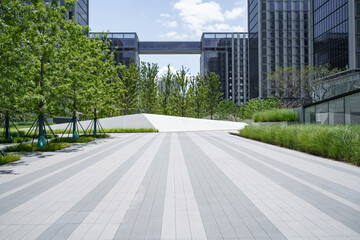 empty brick ground with modern building
