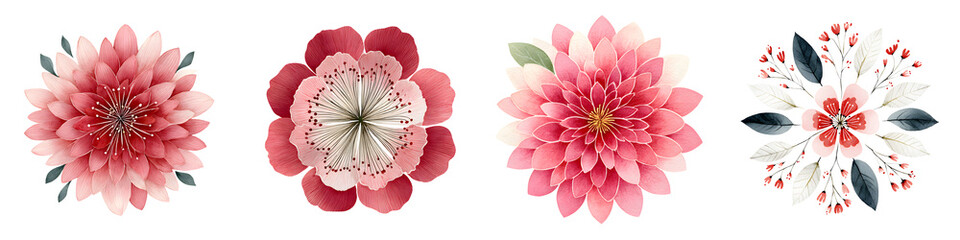 Obraz premium Watercolor Pink Floral Arrangement Set. Blooming Flowers with Leaves and Berries.