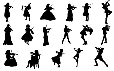 set of people playing violin music silhouette element design