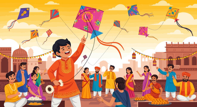 Happy Indian people in colorful traditional attire celebrating a kite festival on a rooftop, flying vibrant kites under a golden sky.