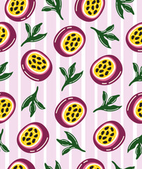 A pattern of passion fruit on a light purple background.
