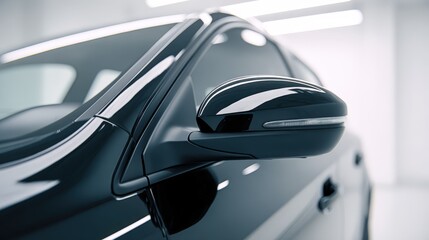 Sleek Black Car Exterior Close-Up: Modern Automotive Design, Shiny Surface, Reflected Light in Studio Setting