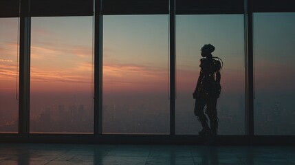 Dusk scene featuring the silhouette of an AI robot by expansive windows overlooking the city.