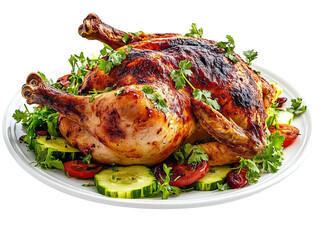 Elegant Roasted Chicken with Vibrant Salad Slices on Transparent Background

