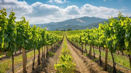 Lush grapevines in a vineyard under clear skies
