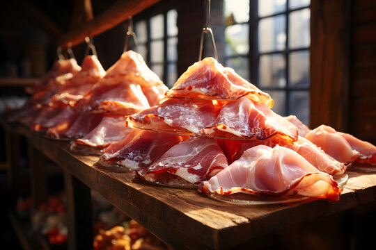 Freshly displayed cured meats at a local butcher shop showcase traditional culinary practices and craftsmanship