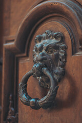 Intricately designed lion door knocker on an aged wooden door invites curiosity and reflects historical architecture in a charming urban setting