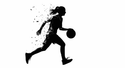 Woman playing basketball. She runs and dribbles, isolated vector silhouette, ink drawing. Female basketball logo stock