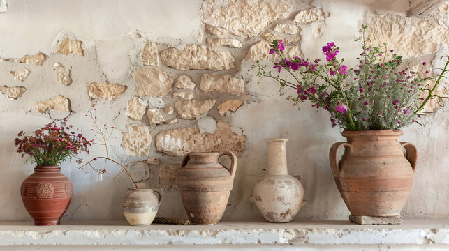 Still Life with Earthy Pottery and Flowers Against a Whitewashed Brick Wall