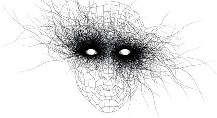 A wireframe face with glowing white eyes emits chaotic black lines, creating an intense, abstract digital artwork.