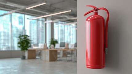 Obraz premium Red Fire Extinguisher Mounted in a Modern Office Setting for Safety and Emergency Preparedness