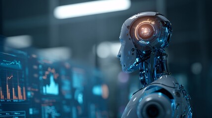 AI robot assistant in a dark high-tech office projecting floating holographic charts and data.