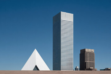 symbolic urban landscape devoid of people featuring modern buildings with geometric shapes