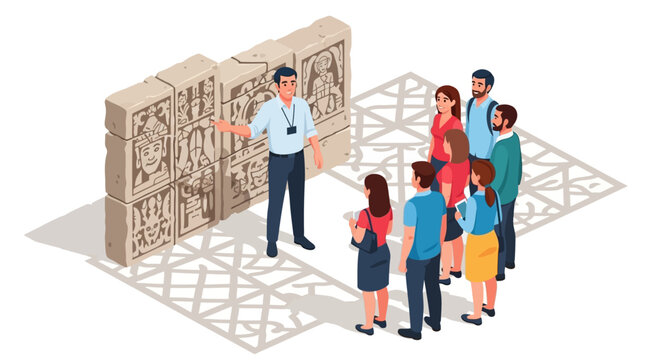 Isometric illustration of a museum tour group with guide pointing at ancient carved stone blocks.