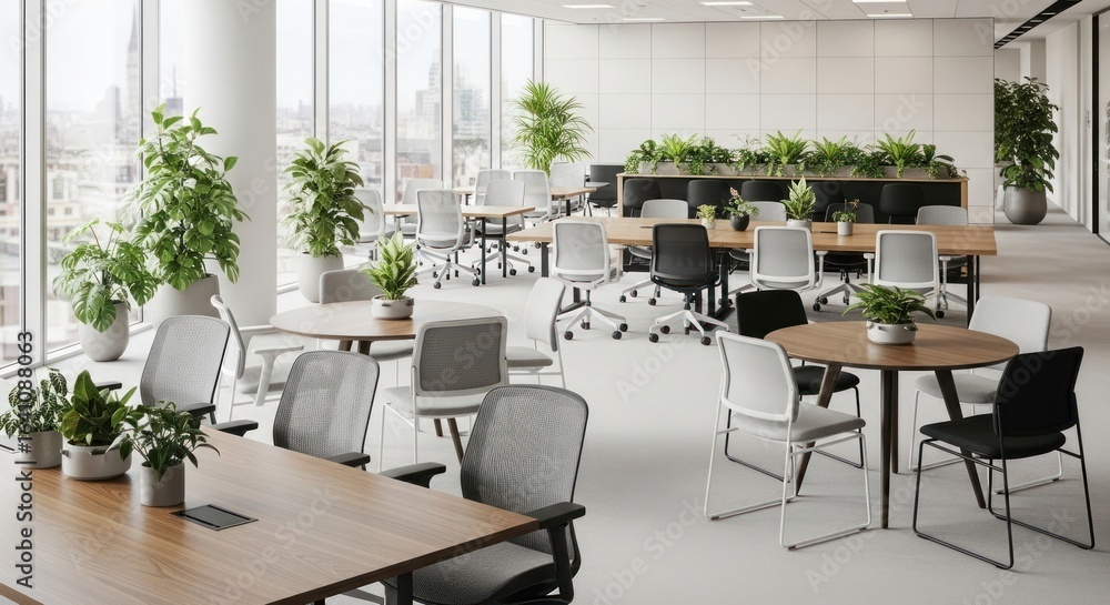 Poster bright collaborative workspace with greenery enhancing productivity and well being in a modern