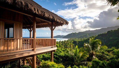 Tropical wooden cabin overlooking ocean and jungle