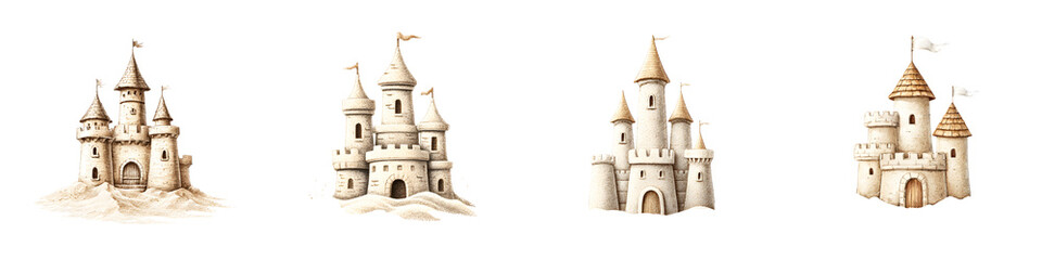 Watercolor Sandcastles: Fairytale Castles on White Background