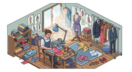 Obraz premium Isometric view of a tailor's workshop with a man sewing, surrounded by fabrics and mannequins.