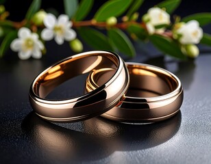 Rose gold wedding bands on dark background