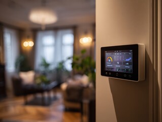Modern Smart Home Thermostat on Wall in Cozy Living Room with Blurred Background and Warm Lighting, Displaying Temperature and Energy Usage Metrics