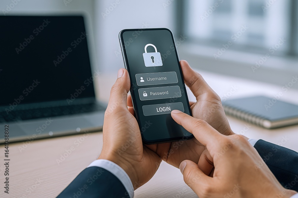 Poster smartphone security: man logging into app with password protection on mobile device