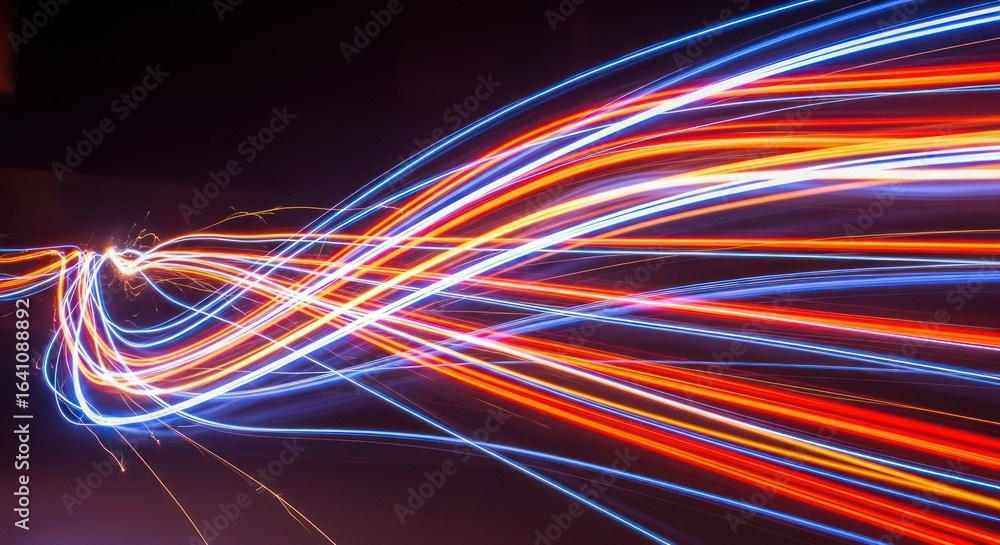 Poster dynamic motion blur effect with neon glowing trails forming abstract compositions