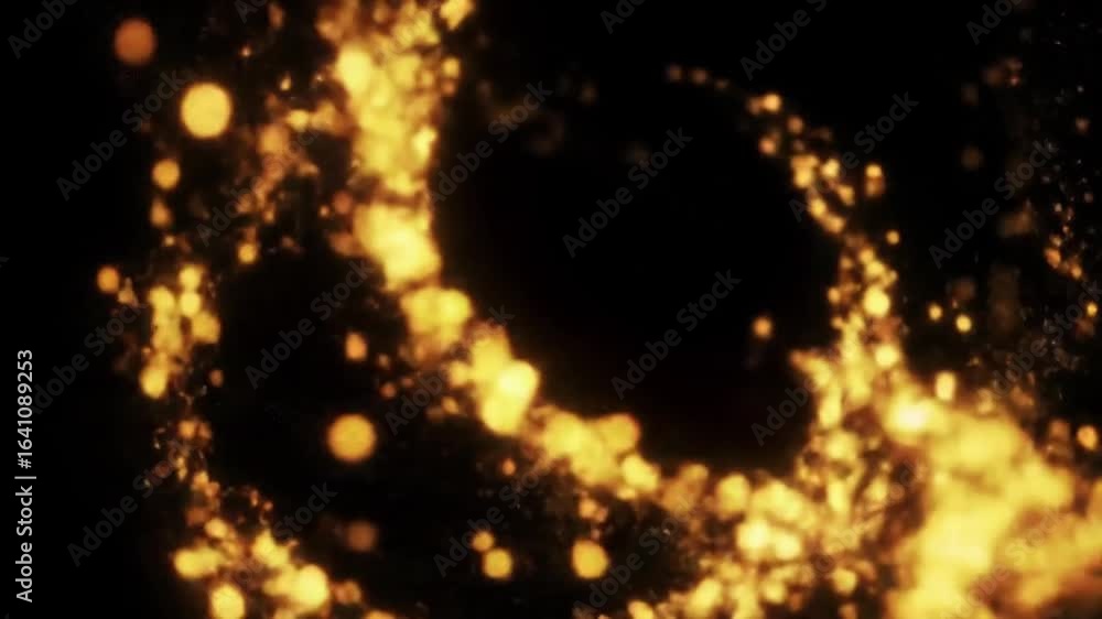 Poster sparkling golden particles swirl dynamically against a dark background