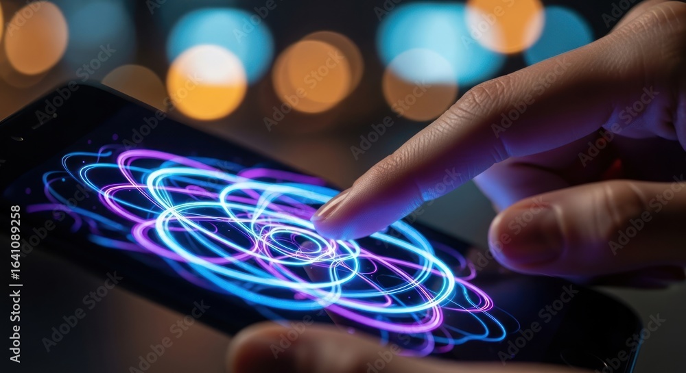 Poster finger interacting with smartphone screen displaying vibrant circular light patterns