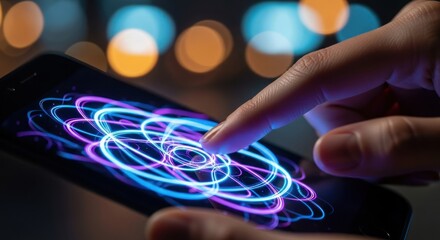 Finger interacting with smartphone screen displaying vibrant circular light patterns