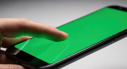 Finger touching smartphone screen with green screen for visual effects integration