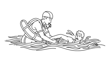 Line art of a lifeguard with a rescue tube and whistle performing a water rescue on a drowning man.